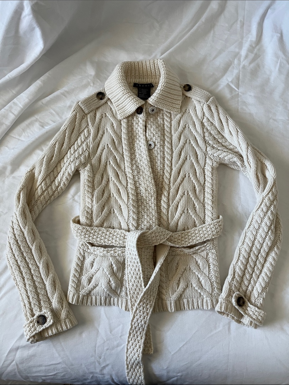 Theory Cream Off White Wool Cashmere Tie Waist Belted Cardigan Quiet Luxury